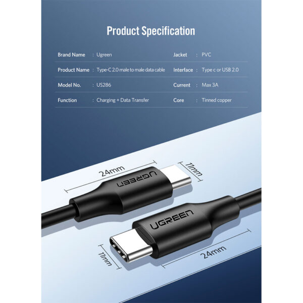 Cabo Ugreen Usb-c Usb-c 2.0 M/m 2m Us286 Preto