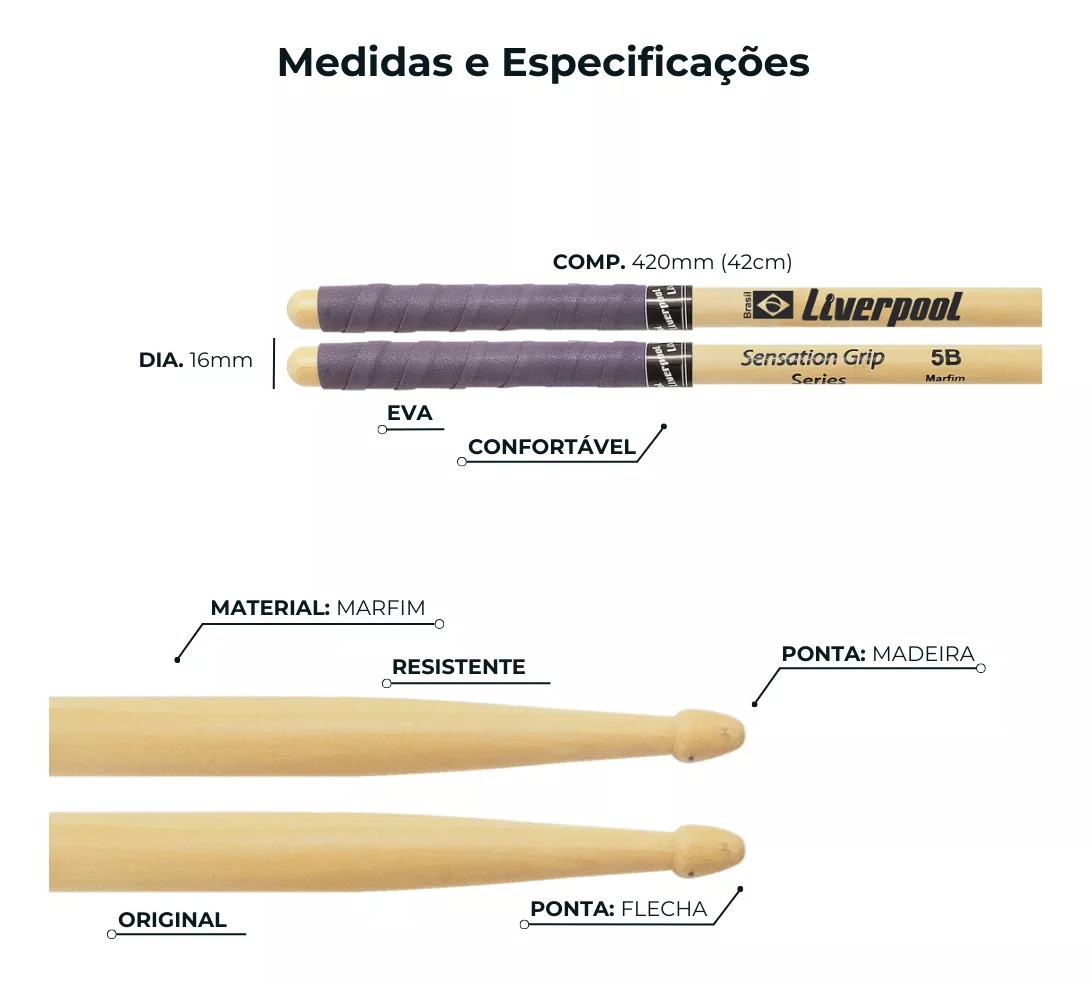 Baquetas Bateria Liverpool EVA5BM 5B Madeira Sensation Grip Antiderrapante