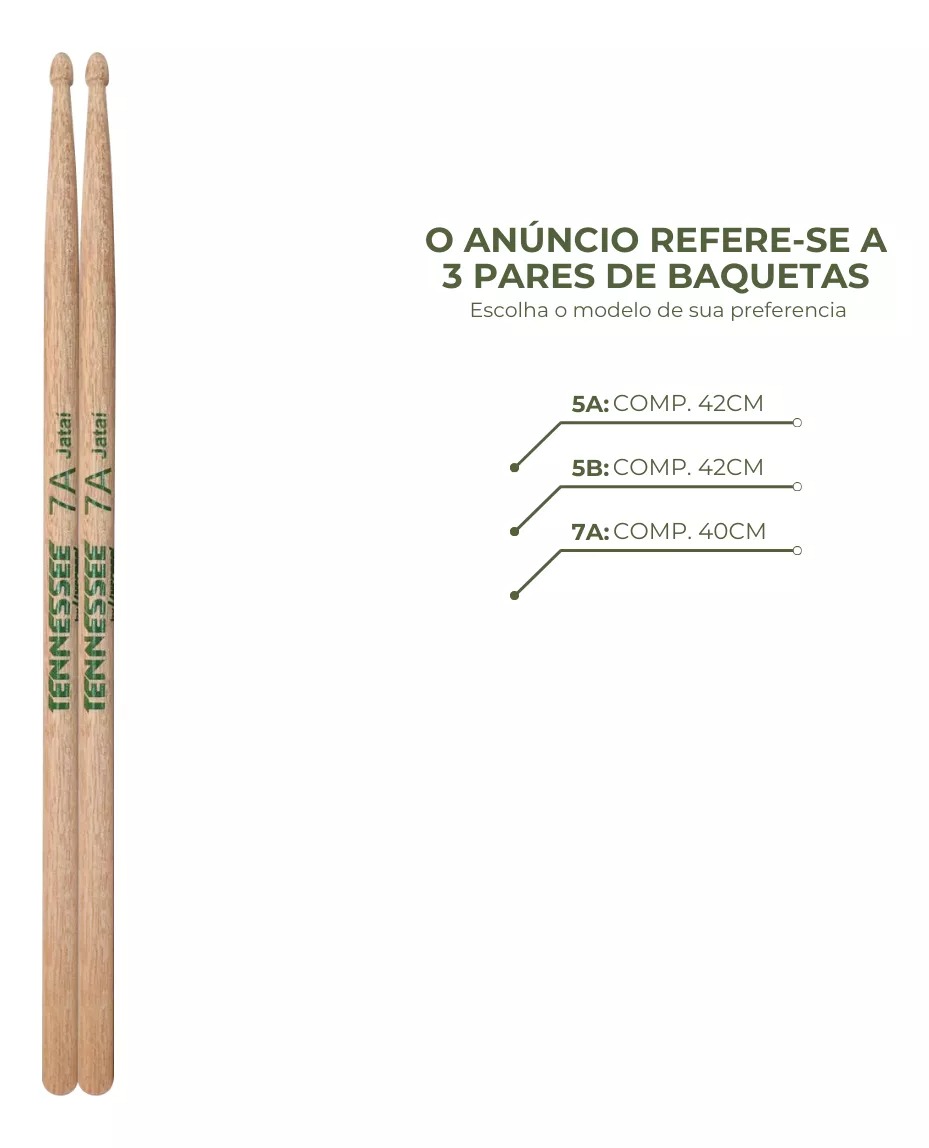 Baquetas Bateria Liverpool Tennessee Jataí 7A Ponta de Madeira Leves e Equilibradas