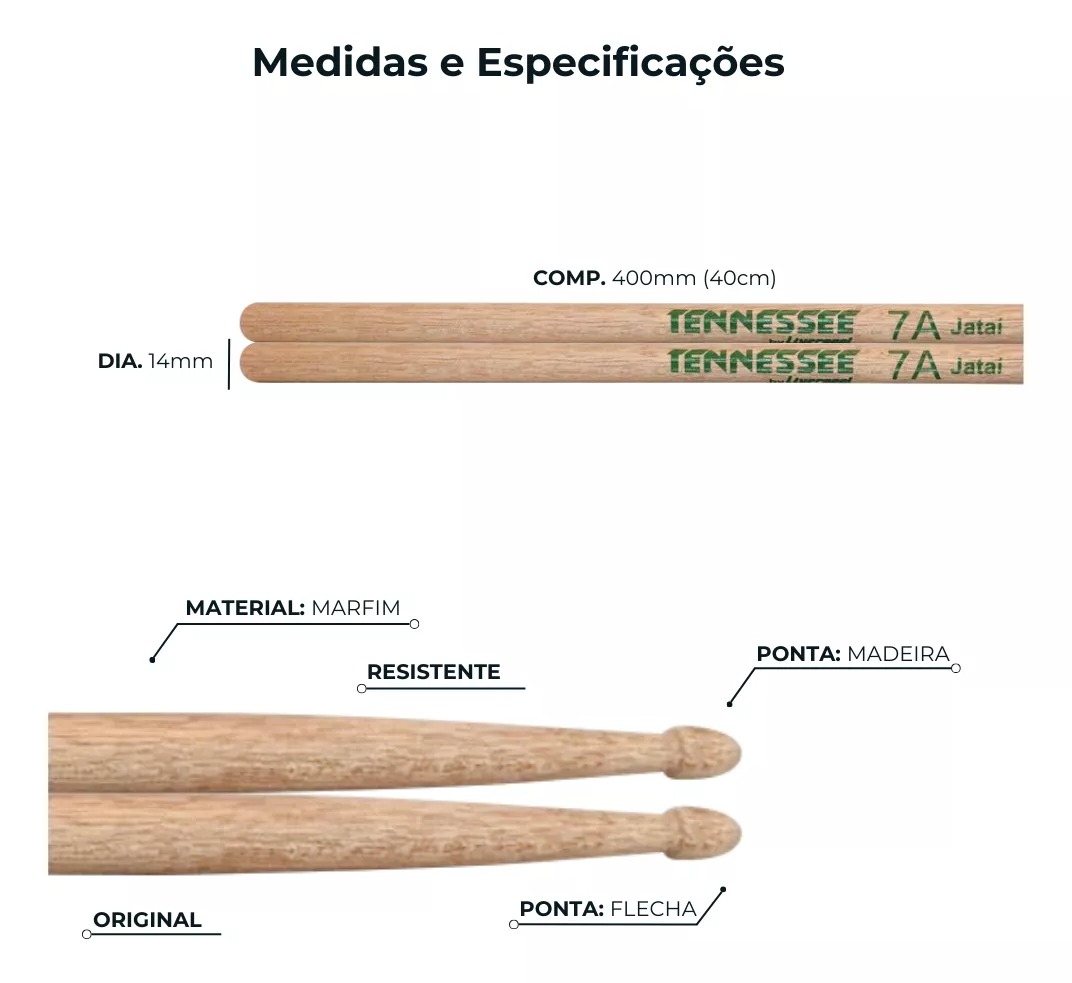Baquetas Bateria Liverpool Tennessee Jataí 7A Ponta de Madeira Leves e Equilibradas