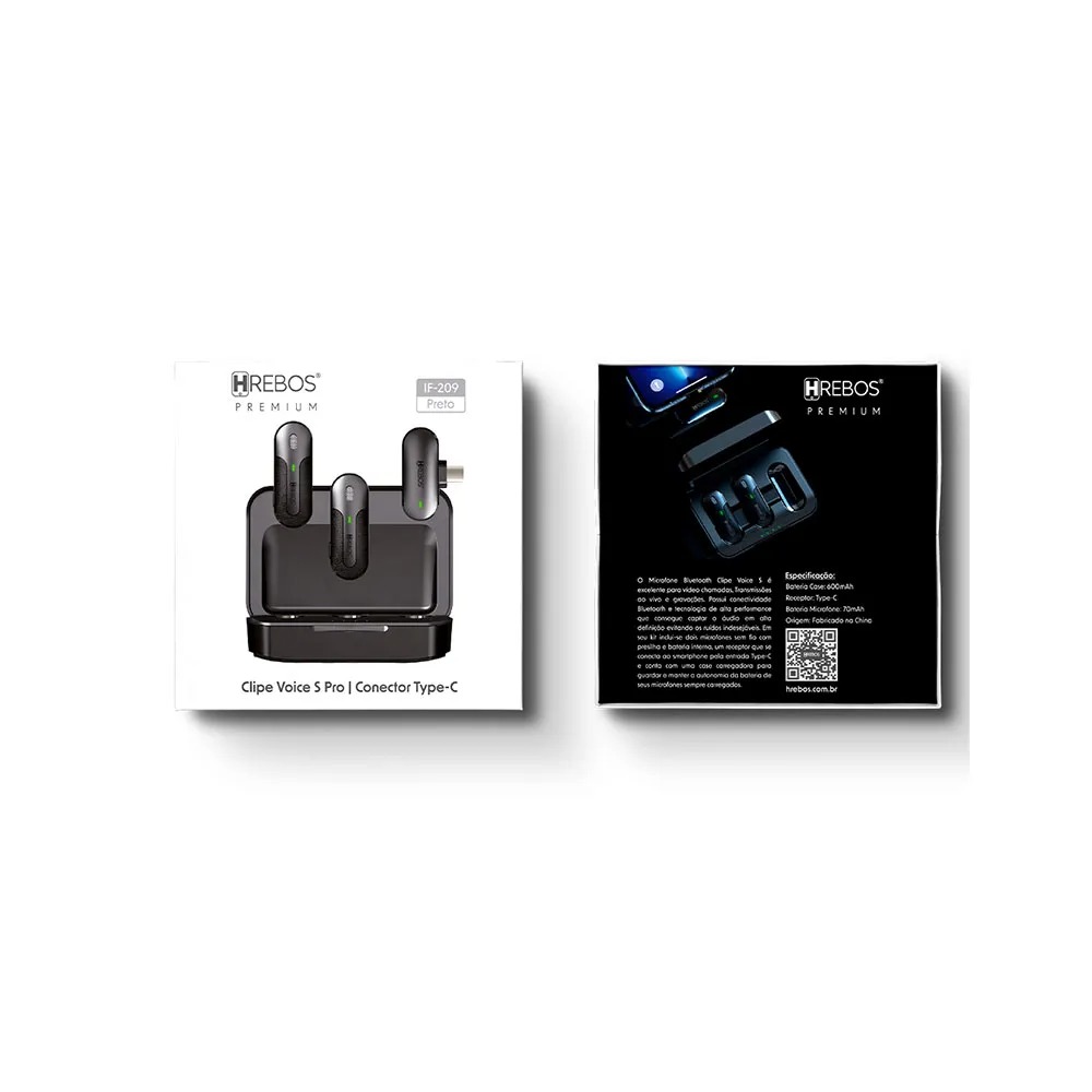 Microfone Lapela Sem Fio Hrebos IF209 Tipo C com Case Preto