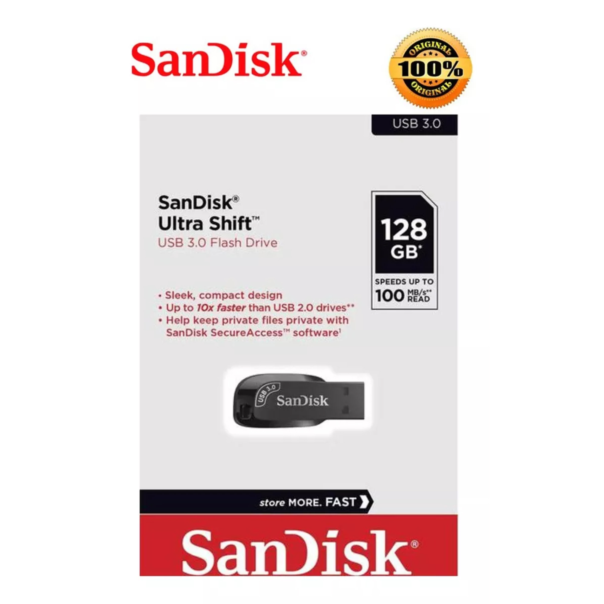 Pendrive Sandisk Ultra Shift 128GB USB 3.0 Leitura até 100MBs