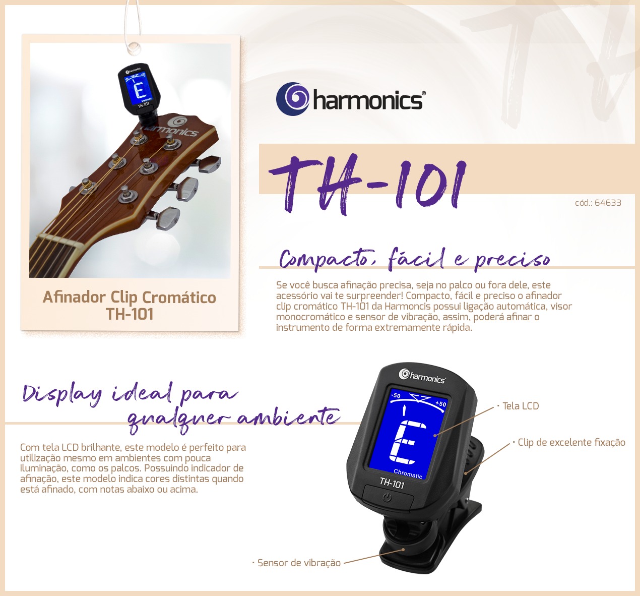 Afinador Cromático Digital Harmonics De Clip P/ Violão Guitarra Cavaco