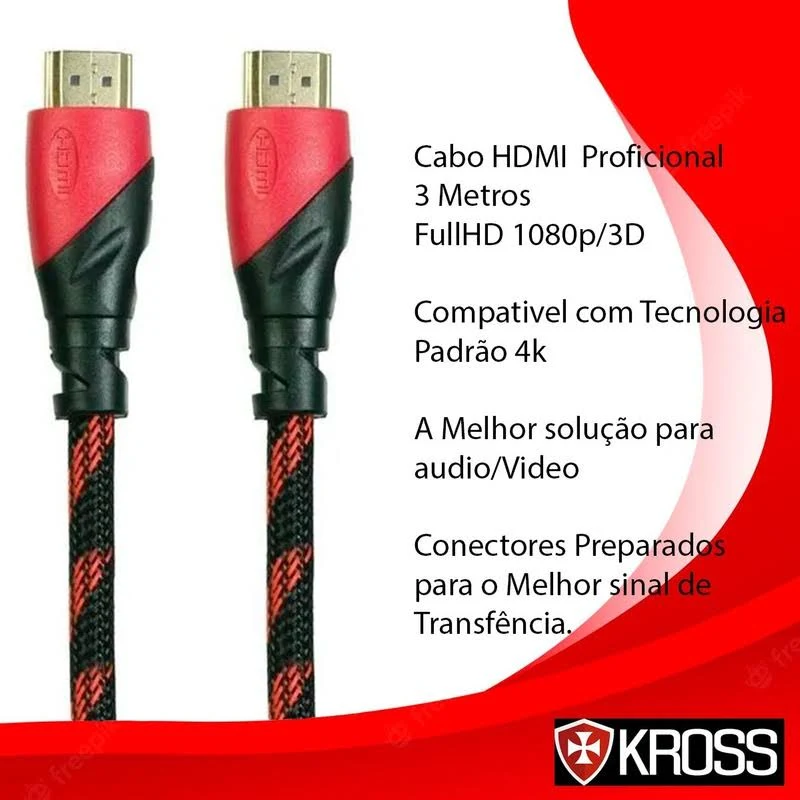 Cabo Hdmi Profissional 3 Metros Kross Ultrahd 4k 3d 19 Pinos