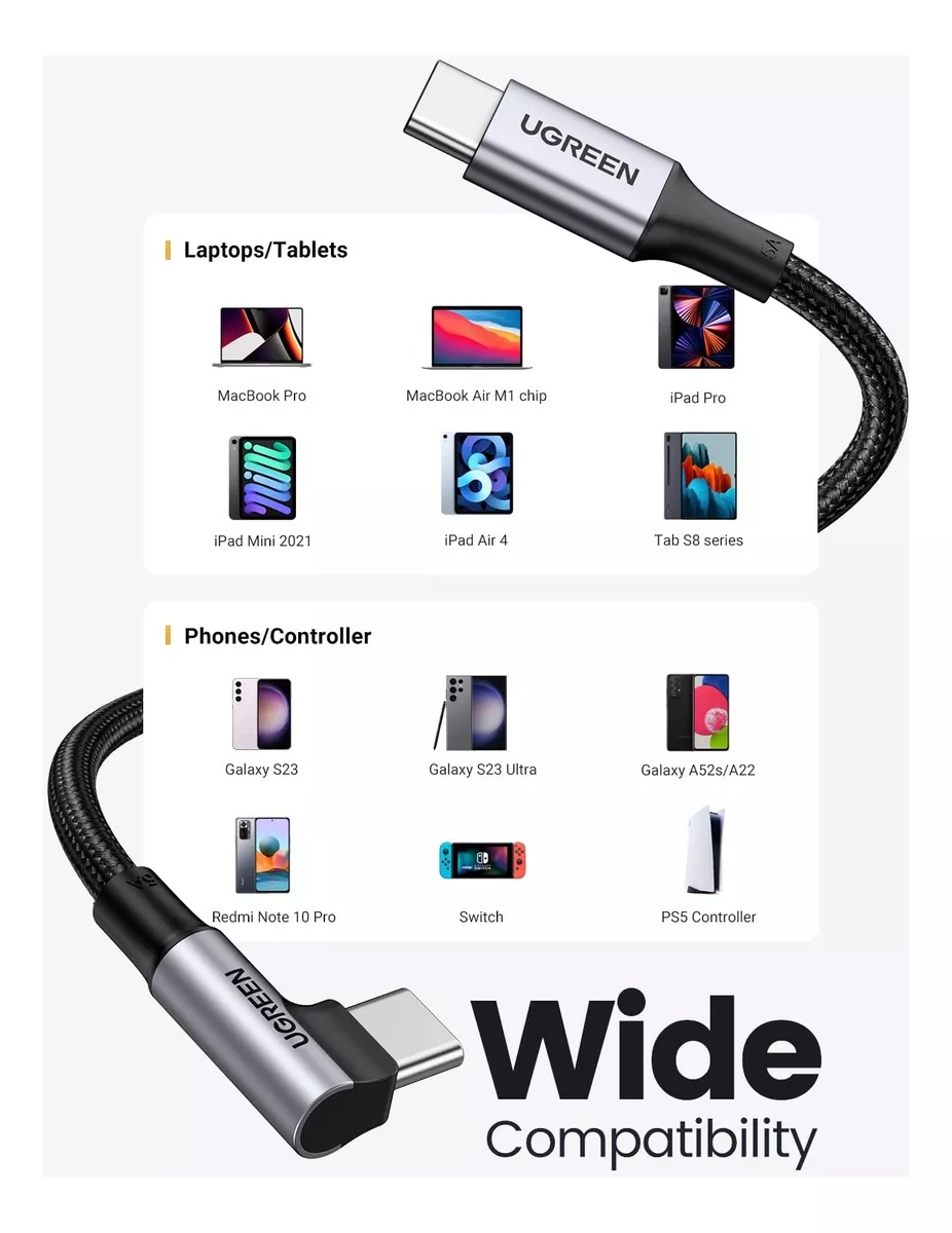 Cabo Tipo C Ugreen Usb-c/usb-c 90°, 100w, 1 Metro - Us334