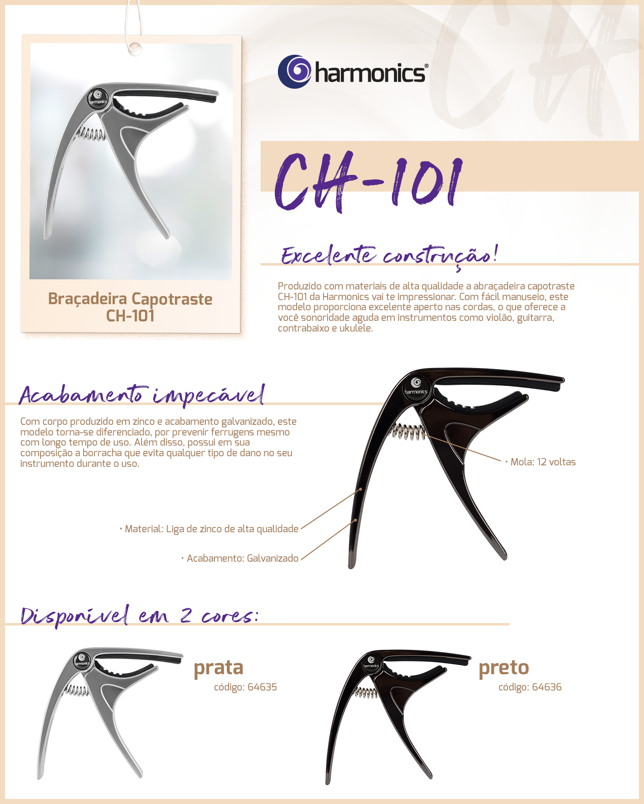 Capotraste Abraçadeira Violão Guitarra Harmonics Preto