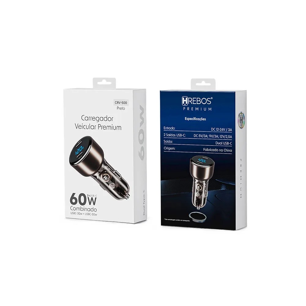 Carregador Veicular Hrebos Premium 60w Usb-c Dual Tipo C