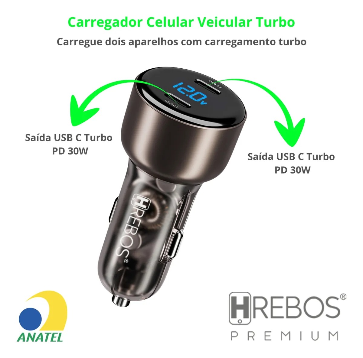 Carregador Veicular Hrebos Premium 60w Usb-c Dual Tipo C