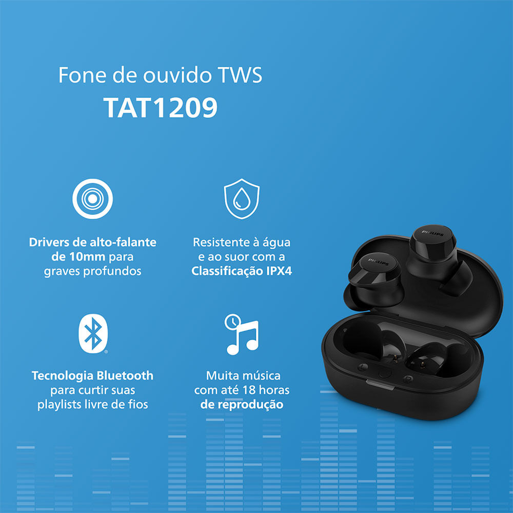 Earphone Fone De Ouvido Earphone Bluetooth Philips Tat1209 Tws Preto