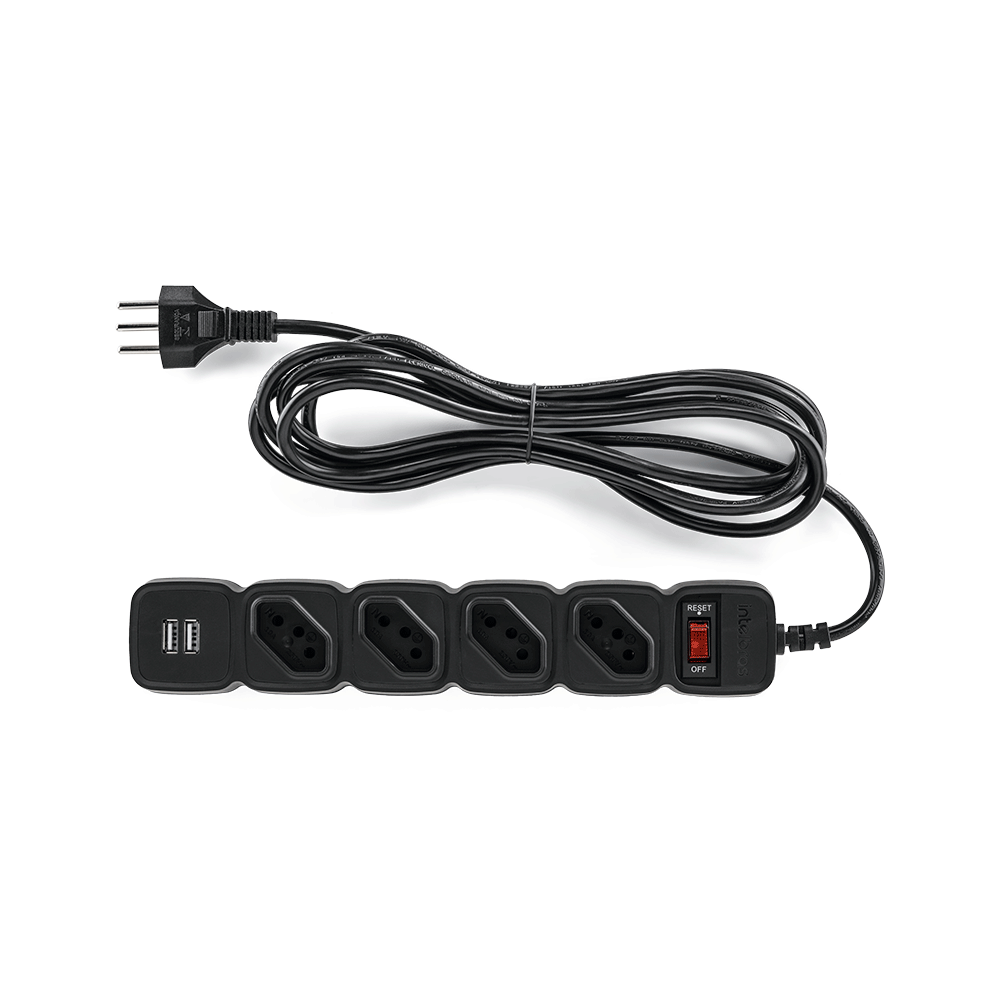 Protetor Eletrônico Intelbras 4 Tomadas, 2 USB, 1 EPE 204 USB BR + Preto Bivolt (1)