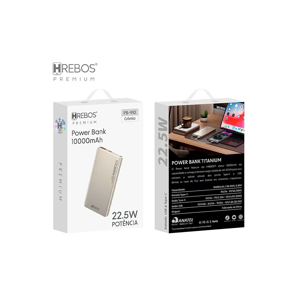 Carregador portátil HREBOS PB-922, 10000AH de Capacidade, Entrada e Saída Type-C Preto