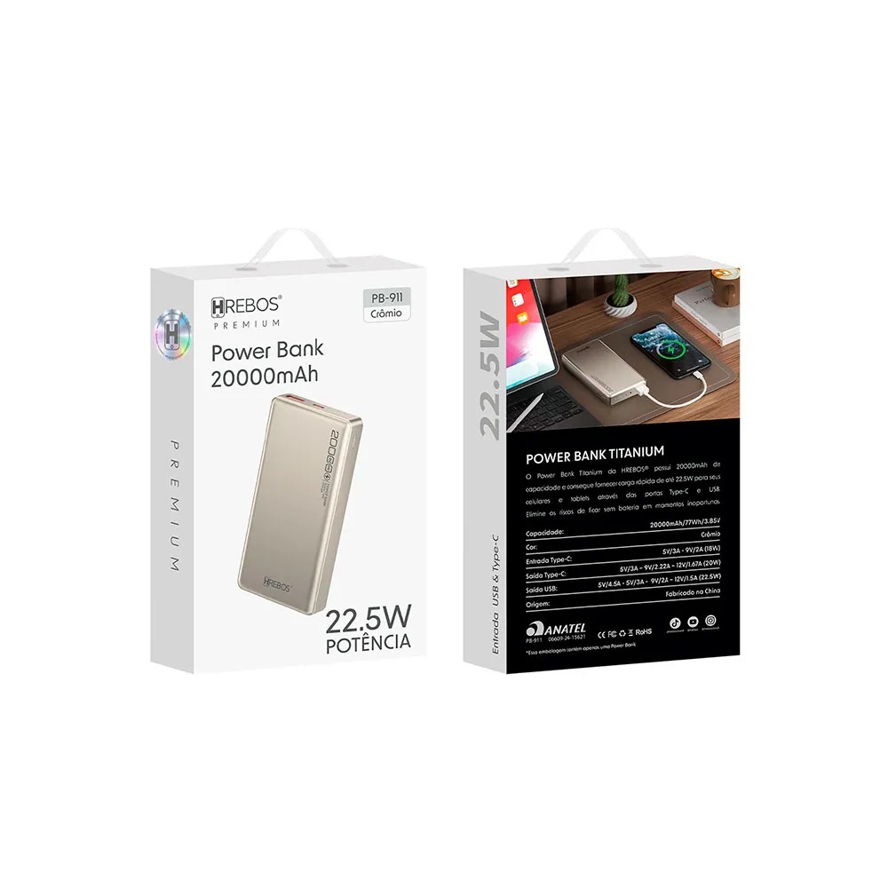 Carregador Portatil Hrebos Power Bank, 20.000Ah, Entradas USB, Type-C, 22,5W