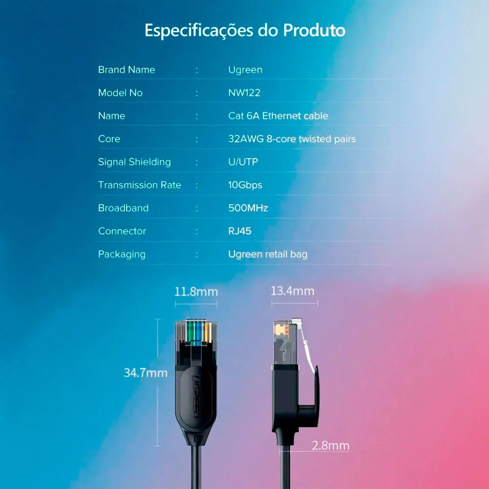 Cabo Rede Ugreen Cat6a 10gbps 500mhz Utp 0.5 Metro Preto