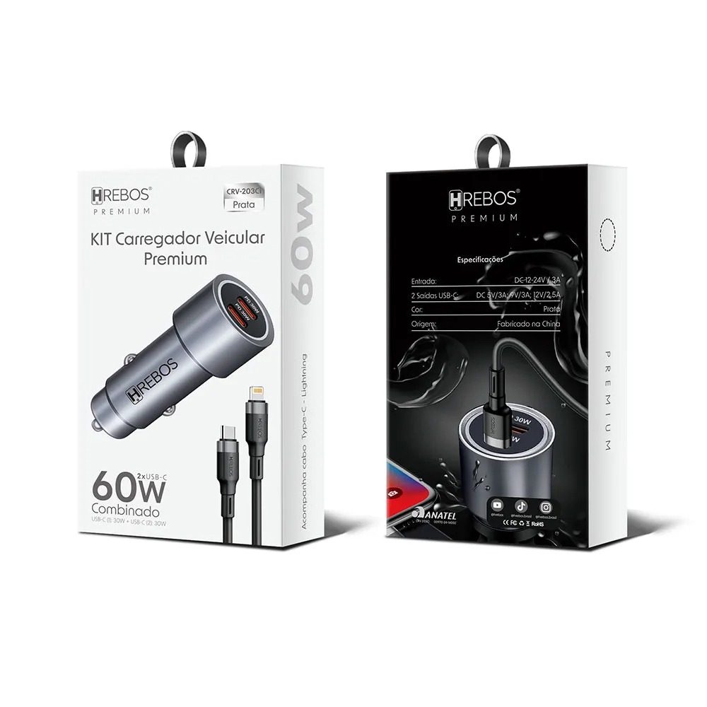 Carregador Veicular Hrebos 60w Usb-c Lightning Crv-203i Preto