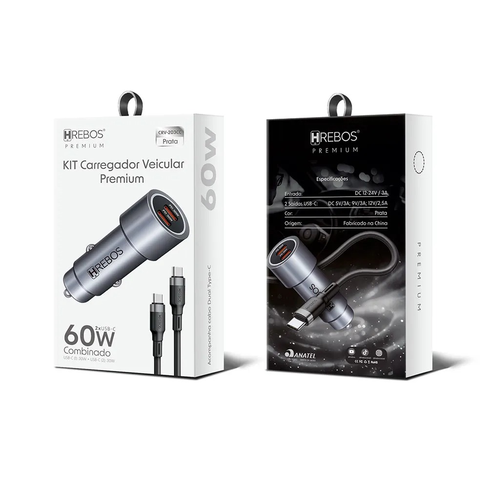 Carregador Veicular Hrebos 60w Turbo Usb-c + Cabo Crv-203c Cinza