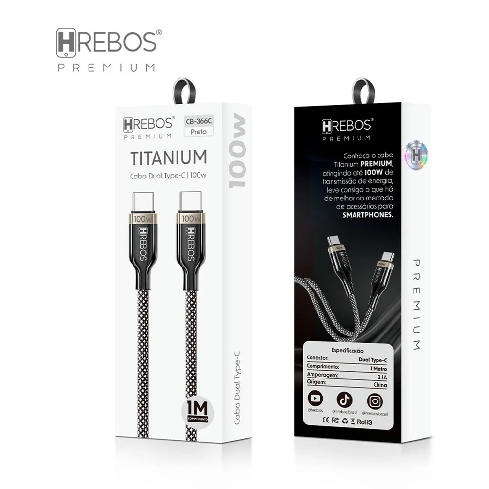 Cabo Hrebos Titanium Usb-c 100w Nylon 1m Preto Cb-366c Preto