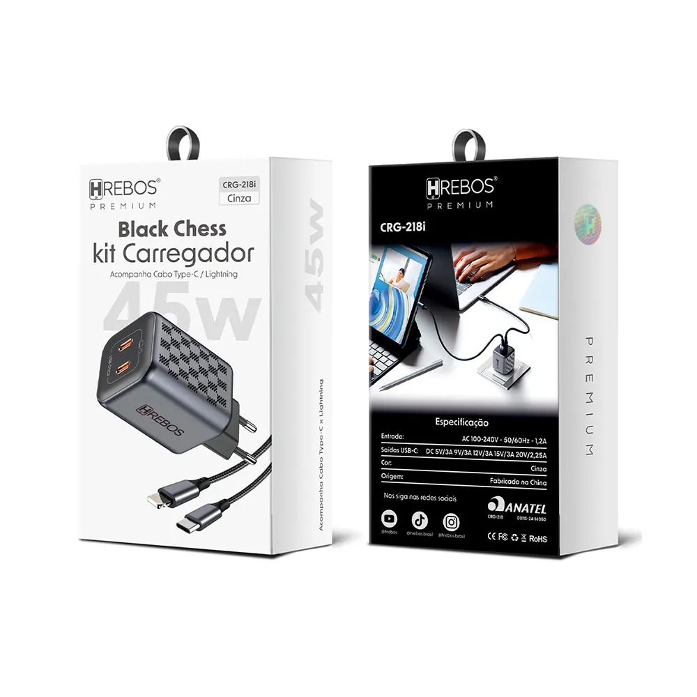 Kit Carregador Hrebos 45w Premium Tipo-c iPhone Crg-218i Cinza (1)