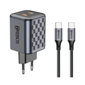 Carregador Hrebos 45w Duplo Usb-c Turbo Crg-218c Cinza