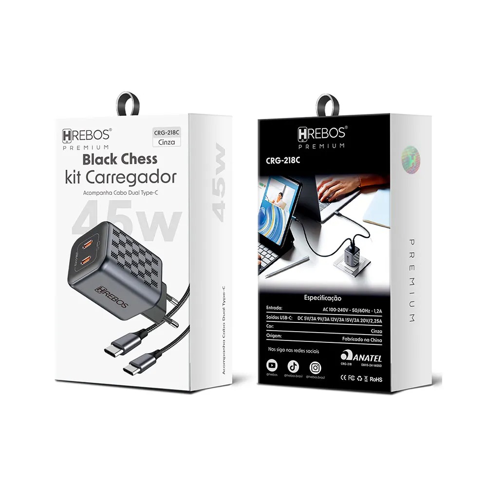 Carregador Hrebos 45w Duplo Usb-c Turbo Crg-218c Cinza