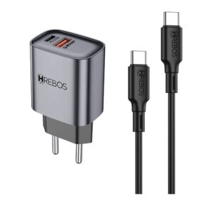 Carregador Turbo 20w Hrebos Crg-232c Dual Usb-c Usb-a Cinza Prateado