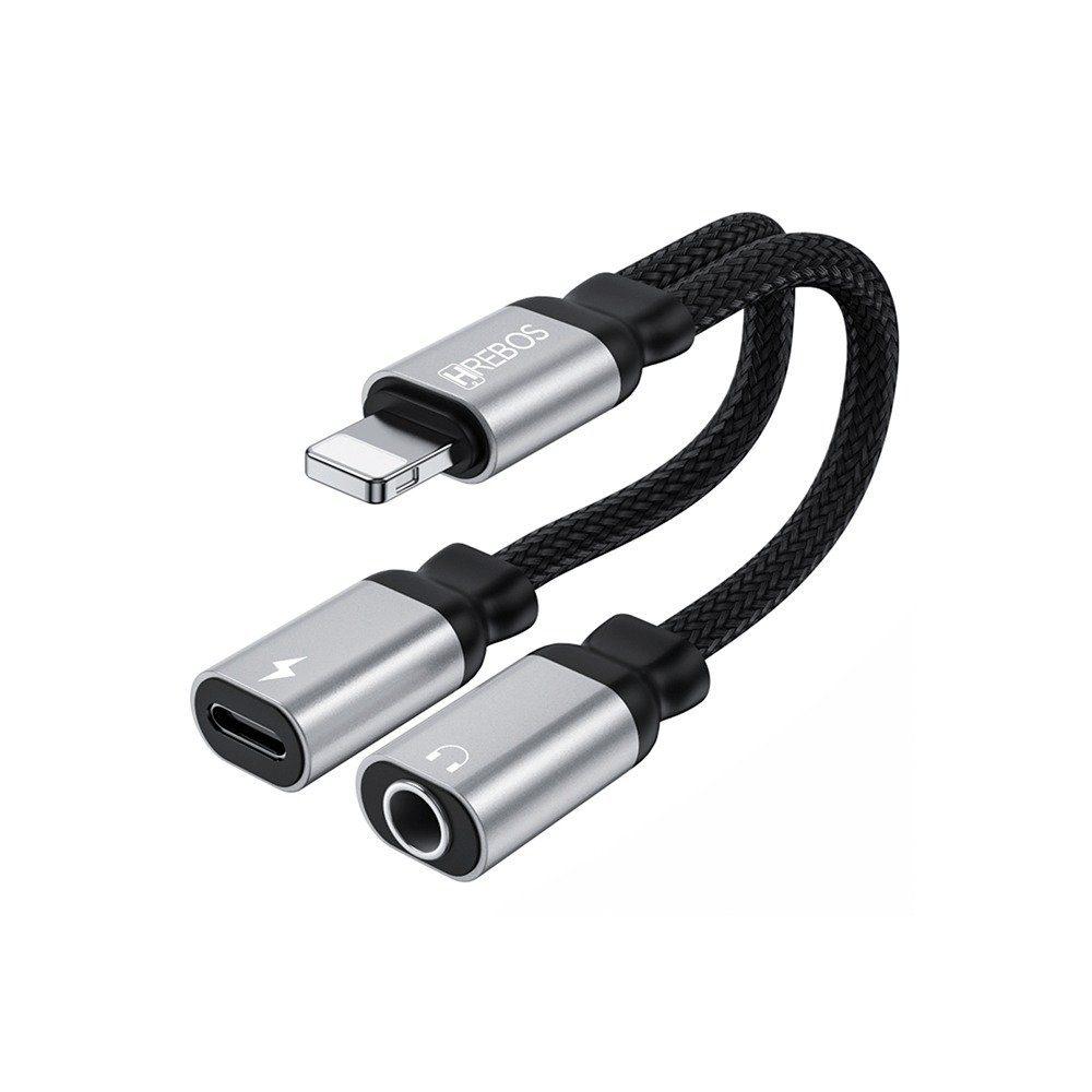 Adaptador Hrebos HS-228 Lightning Para Lightning + Fone P2 Preto/Prata