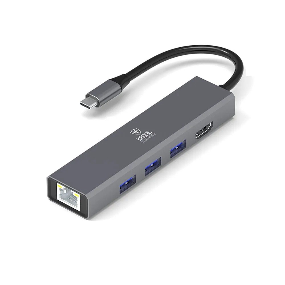 Adaptador Kross 5 em 1 KE-UCT618 USB-C para 3x USB-A + HDMI + RJ45 + PD Cinza