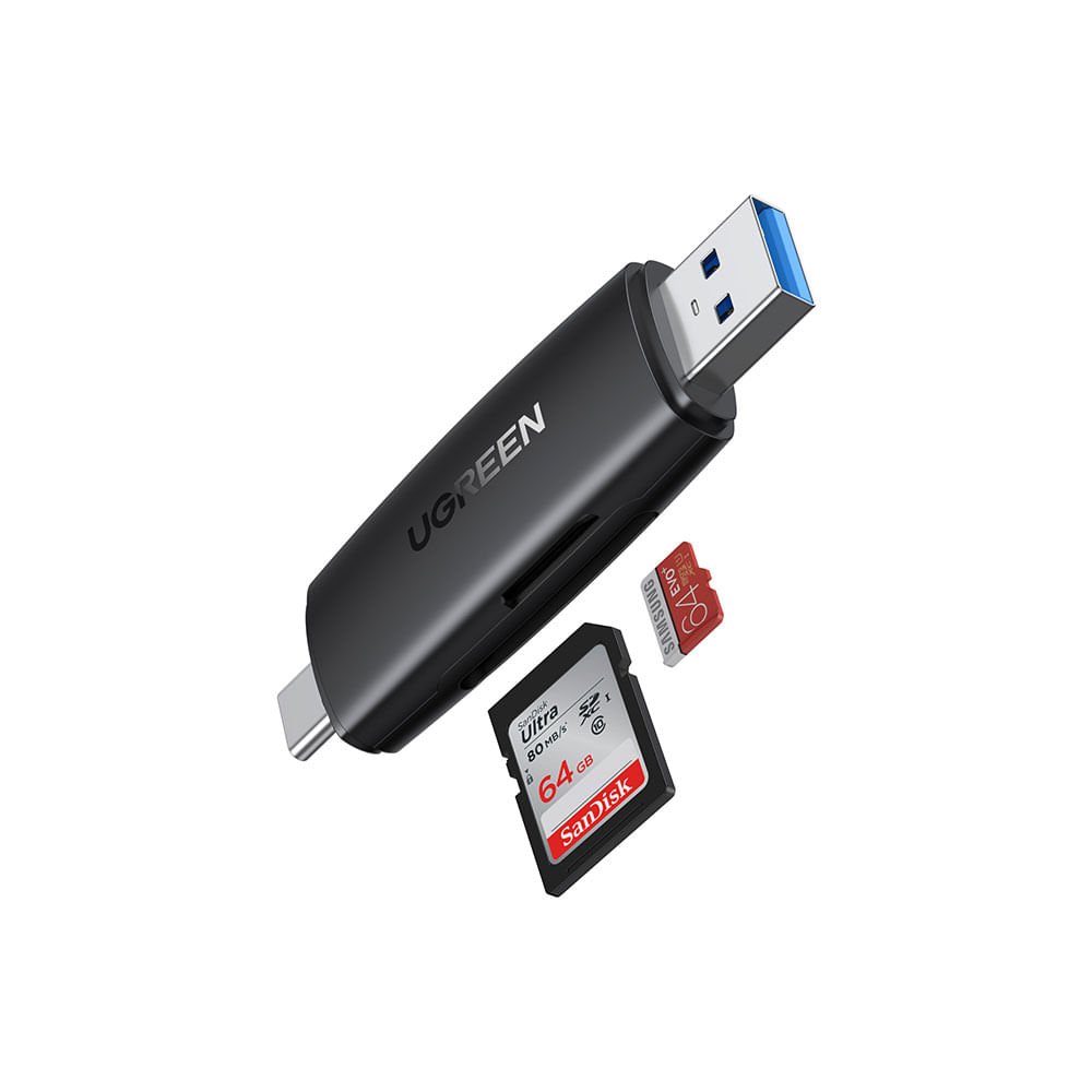 Adaptador Ugreen CM304 Leitor de Cartões SD/MicroSD + USB-C/USB-A Cinza