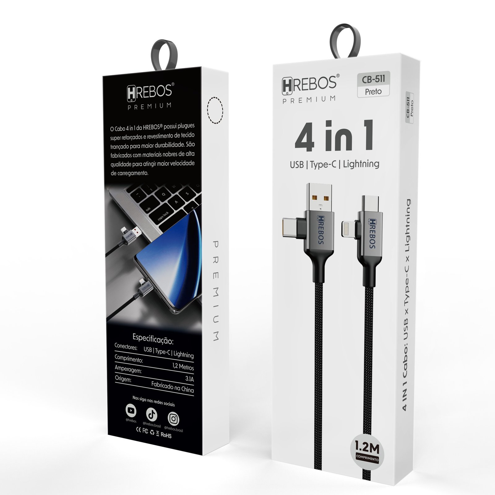 Cabo 4 Em 1 Hrebos Cb-511 Turbo 3.1a Tecido Trançado 1.2m