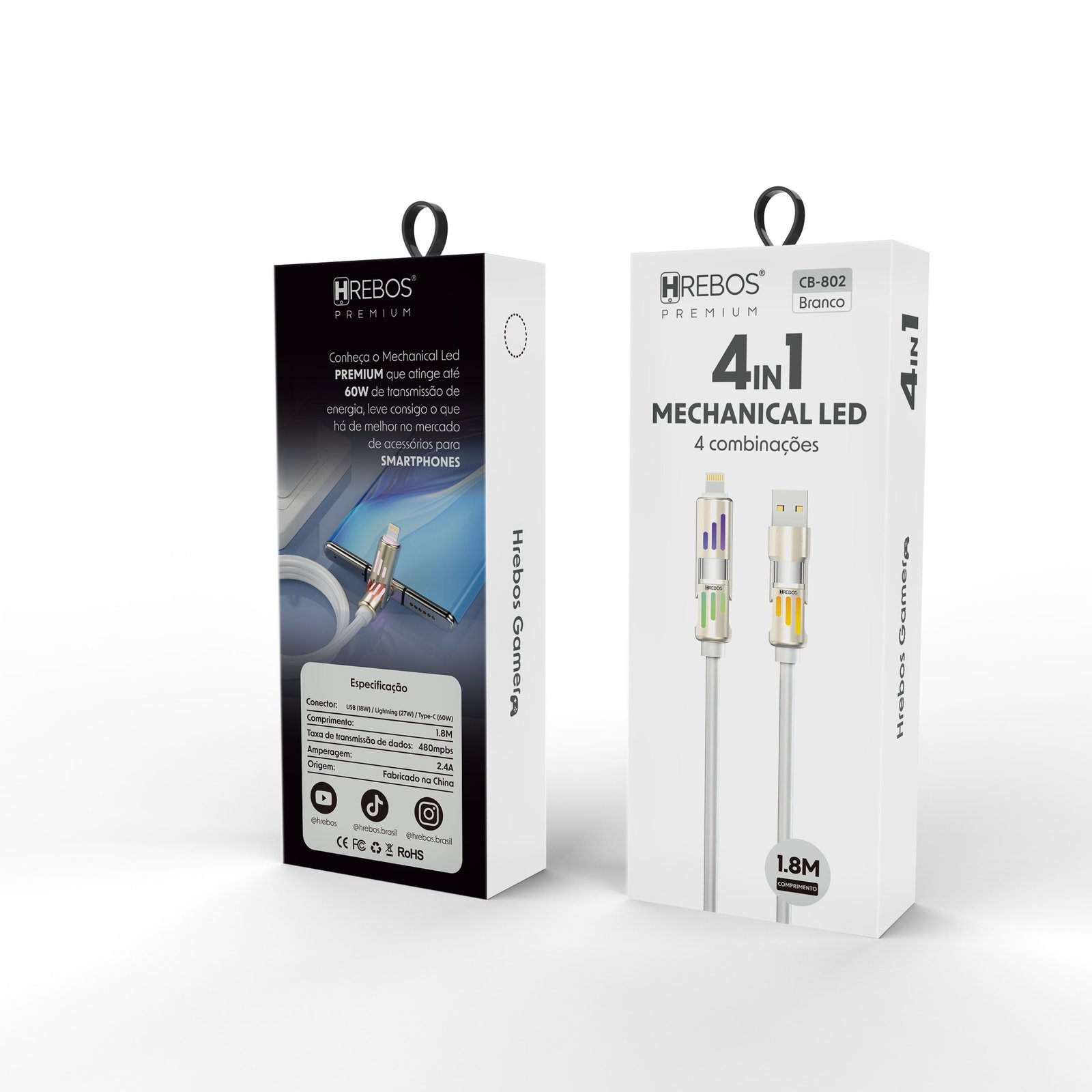 Cabo 4 Em 1 Hrebos Cb-802 Mechanical Led 60w Branco 1.8m