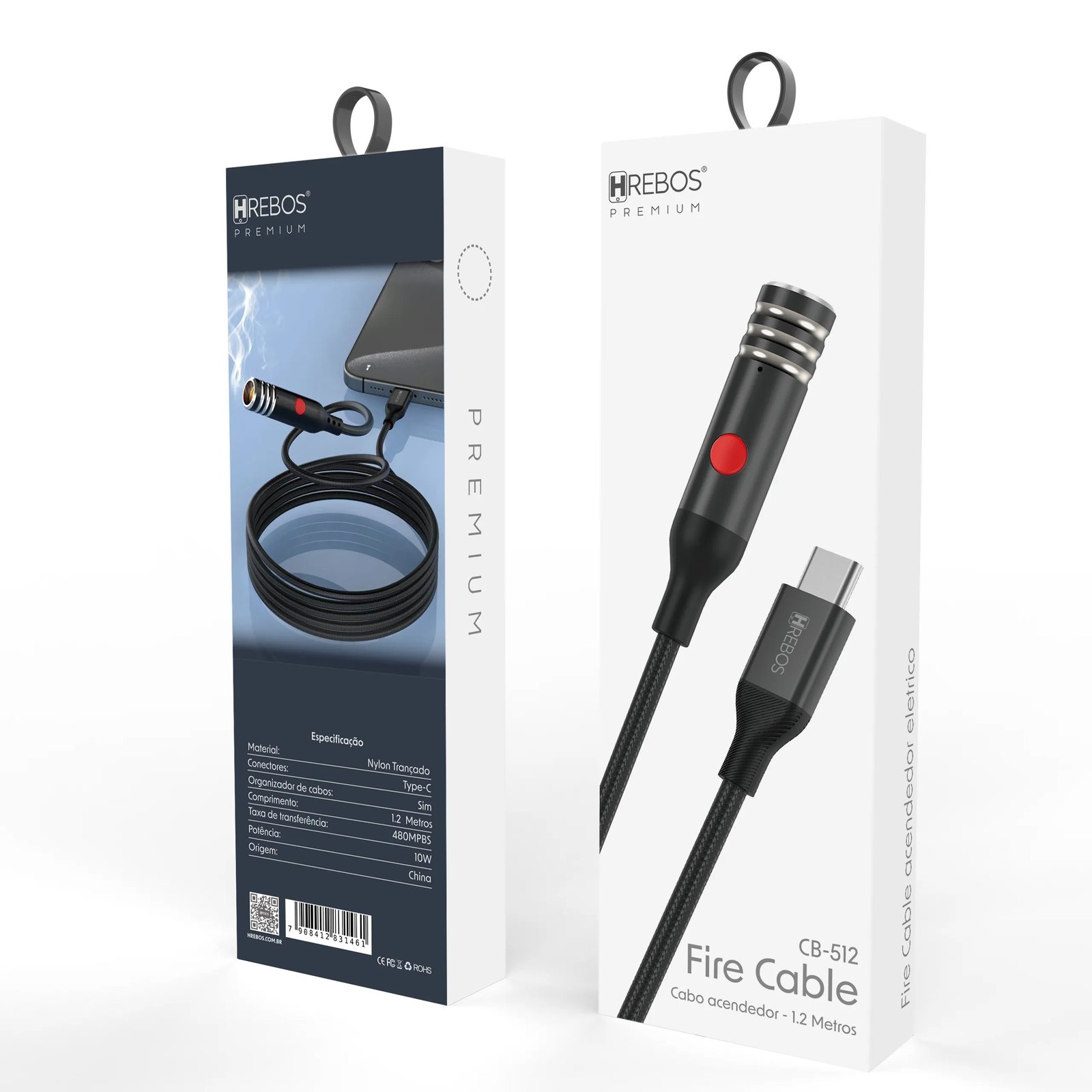 Cabo Acendedor Elétrico Hrebos Cb-512 Fire Cable Usb-c 1.2m Preto