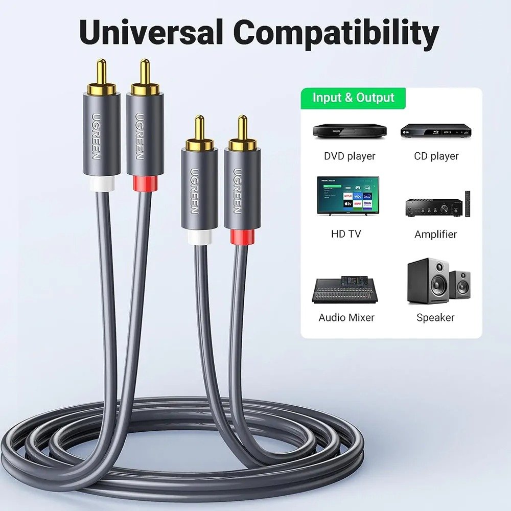 Cabo Áudio 2 Rca Macho Ugreen 10519 3m Estéreo Hi-fi Ouro