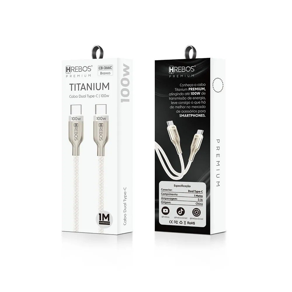 Cabo Hrebos Titanium Usb-c 100w Nylon 1m Branco Cb-366c Bege