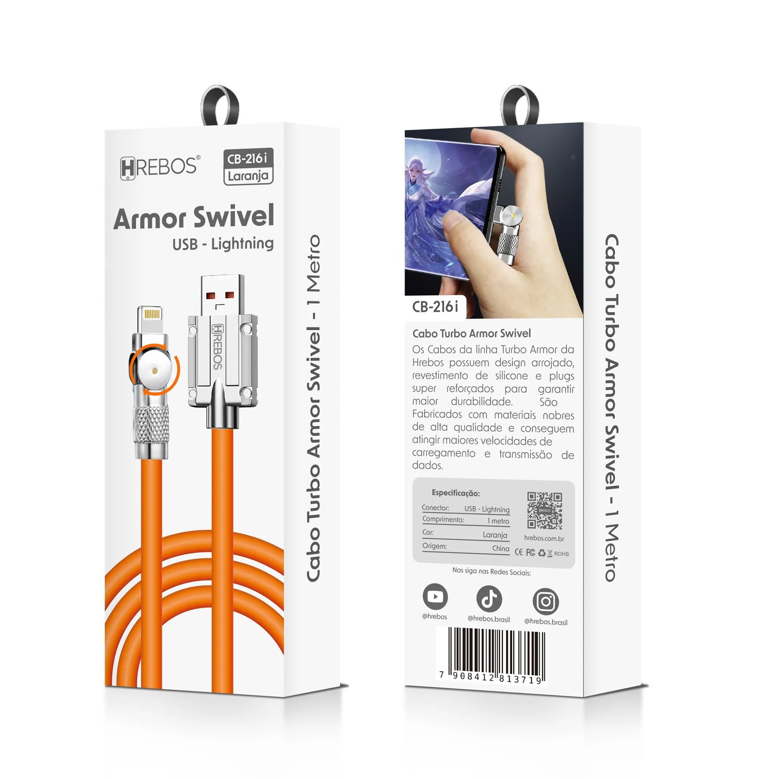 Cabo Turbo Hrebos CB-216i Armor Swivel Laranja Lightng 1m