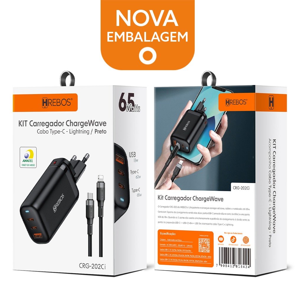 Carregador Hrebos Crg-202ci Chargewave 65w + Cabo Lightning