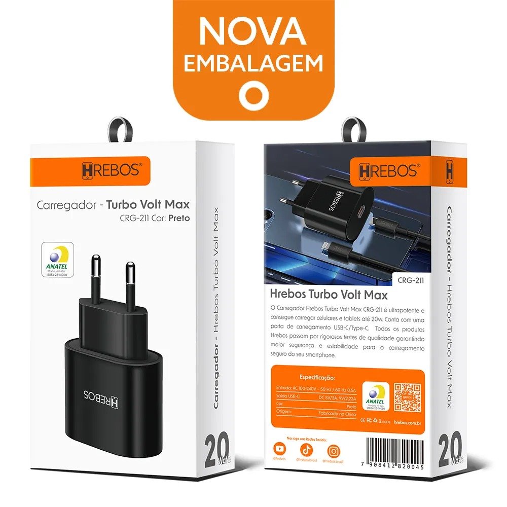 Carregador Hrebos Crg-211 Turbo Volt Max 20w Usb-c Pd Preto
