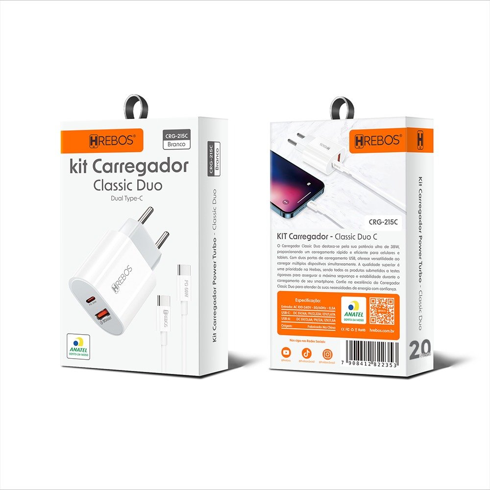 Carregador Hrebos Crg-215cc Zentrix 20w Branco + Cabo Usb-c