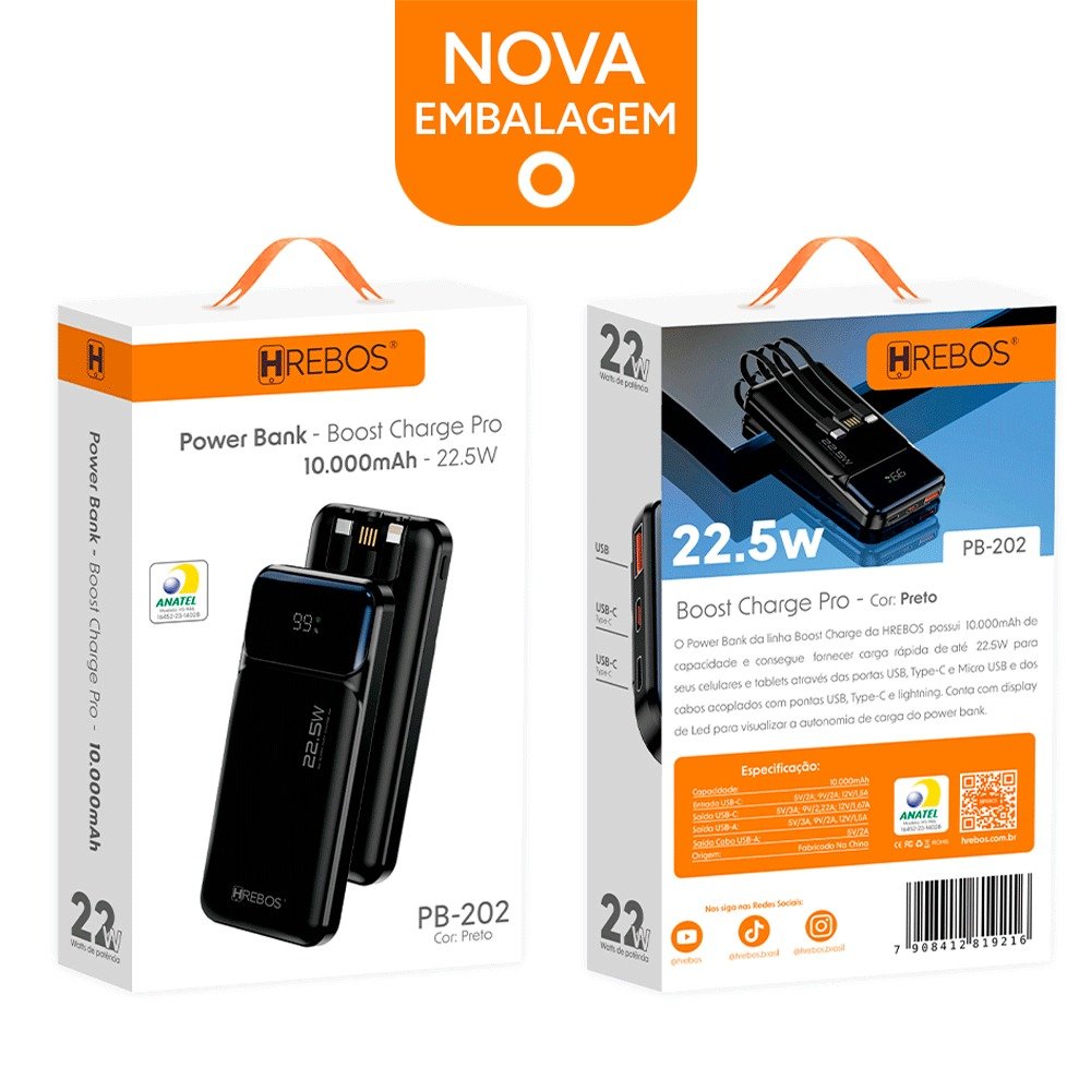 Carregador Power Bank Hrebos Pb-202 Turbo 10000mah 22.5w