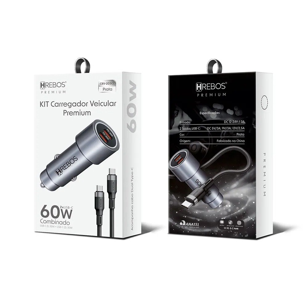Carregador Veicular Hrebos 60w Turbo Usb-c + Cabo Crv-203c Cinza