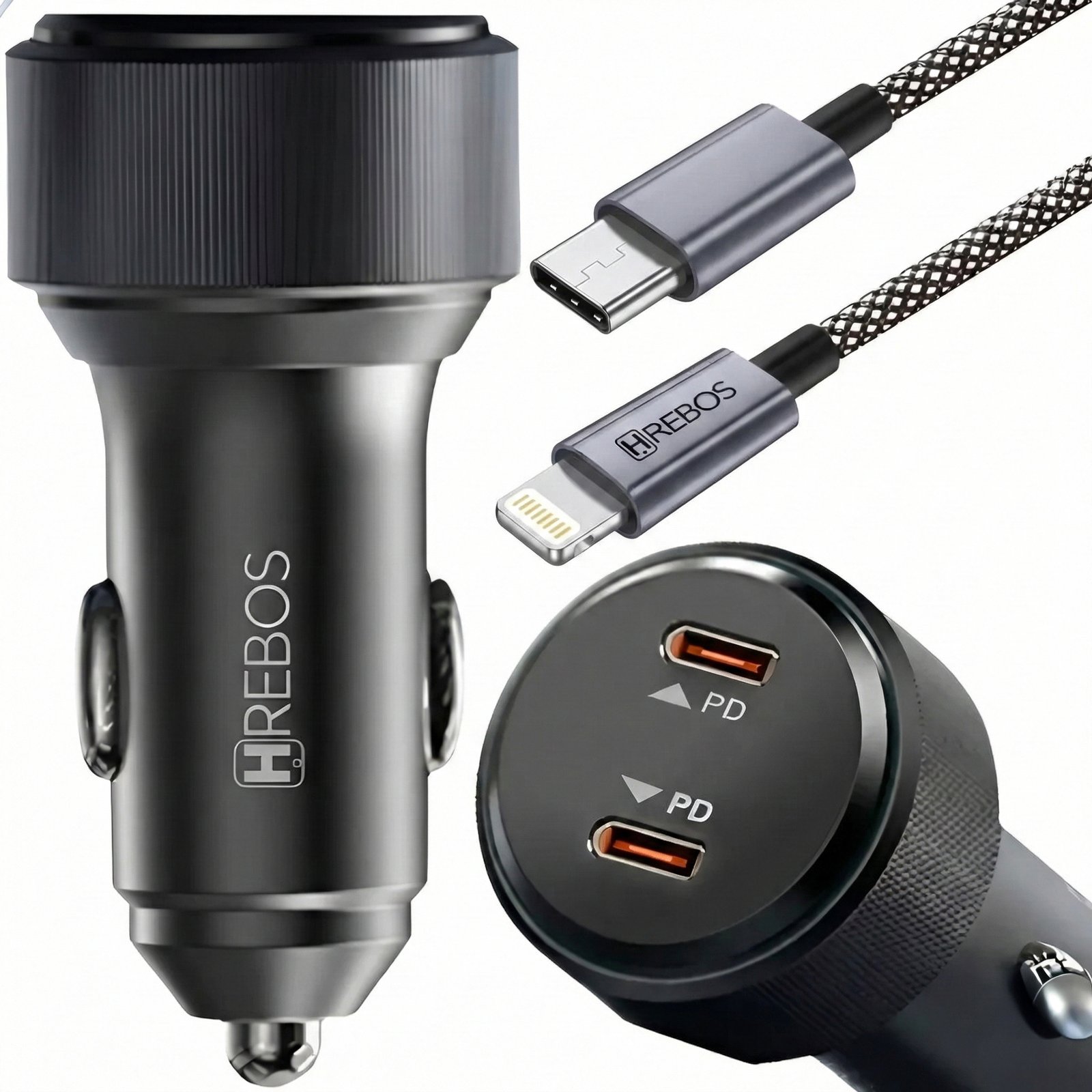 Carregador Veicular Hrebos Crv-209i 60w + Cabo Usb-c P/ Ligh Preto