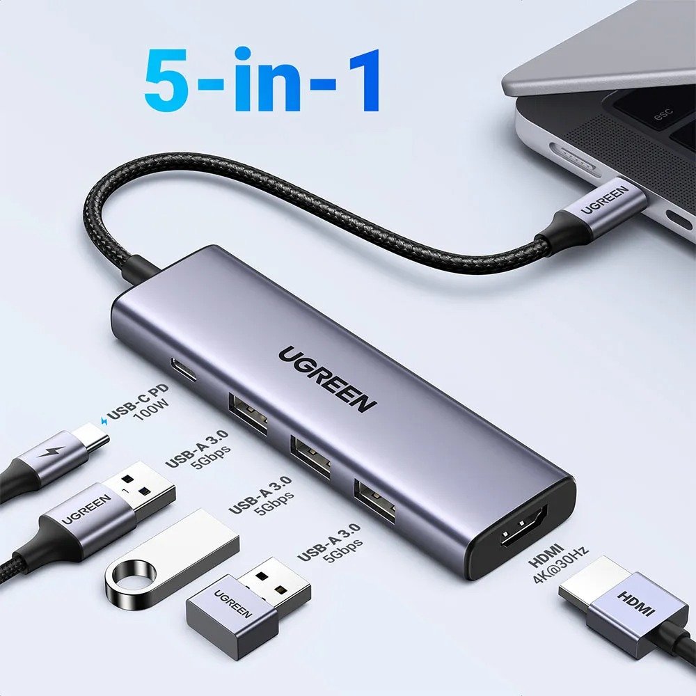 Hub Adaptador Ugreen Cm511 15596 Usb-c 5 Em 1 Hdmi 4k 100w Cinza-escuro