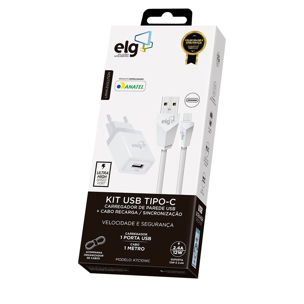 Kit Carregador Parede Usb ELG + Cabo Usb Tipo-c KT10WC