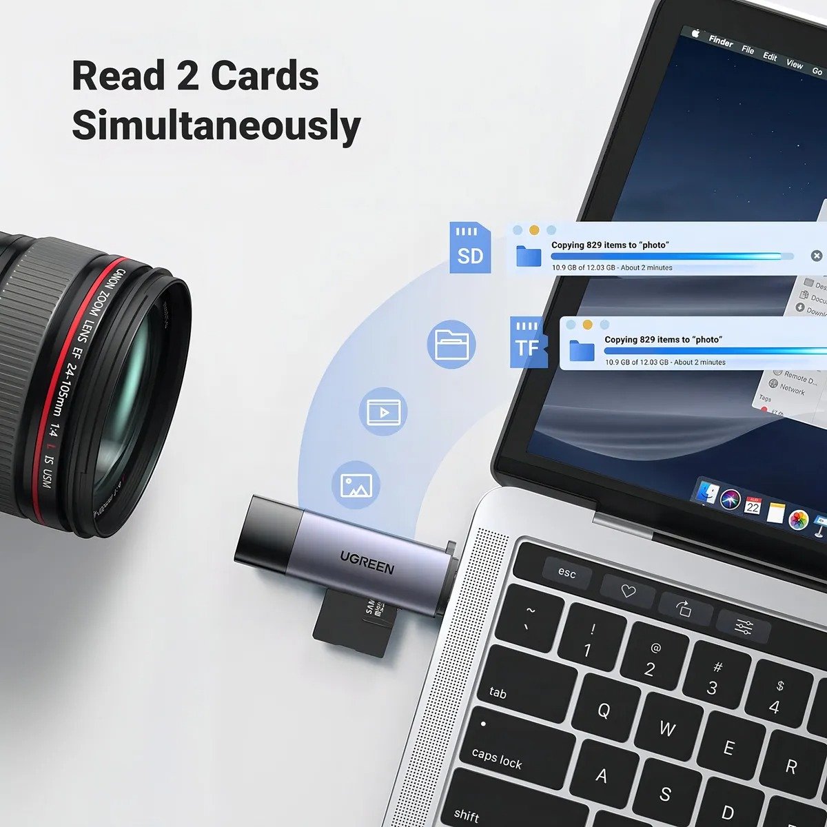 Leitor Cartão Ugreen Cm185 Usb-c E Usb-a Tf/sd Cinza 2 Em 1 Cinza