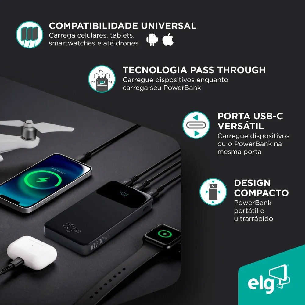 Power Bank ELG Pb102bk 10.200mah Display Digital Usb-c Preto
