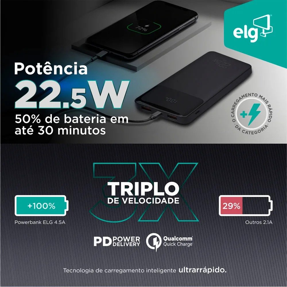 Power Bank ELG Pb102bk 10.200mah Display Digital Usb-c Preto