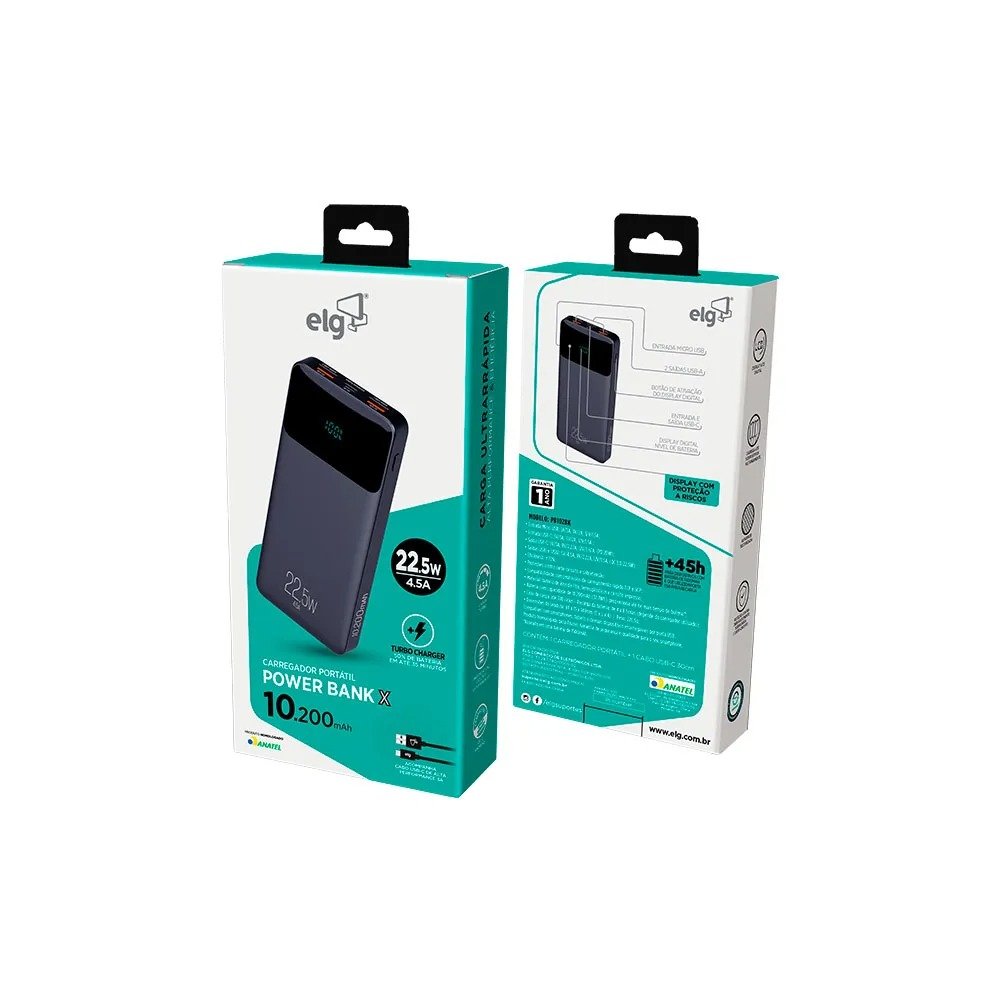 Power Bank ELG Pb102bk 10.200mah Display Digital Usb-c Preto