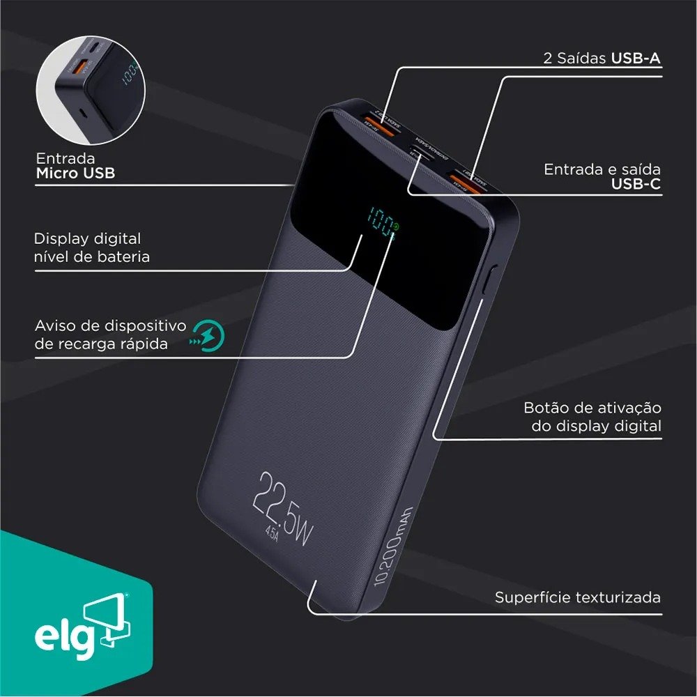 Power Bank ELG Pb102bk 10.200mah Display Digital Usb-c Preto