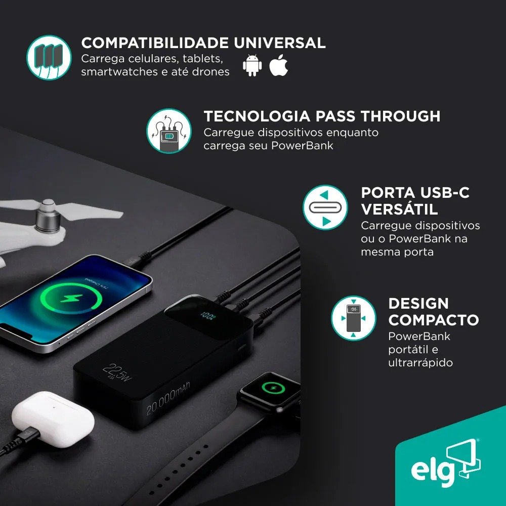 Power Bank ELG Pb200bk 20.000mah Display Digital Usb-c Preto