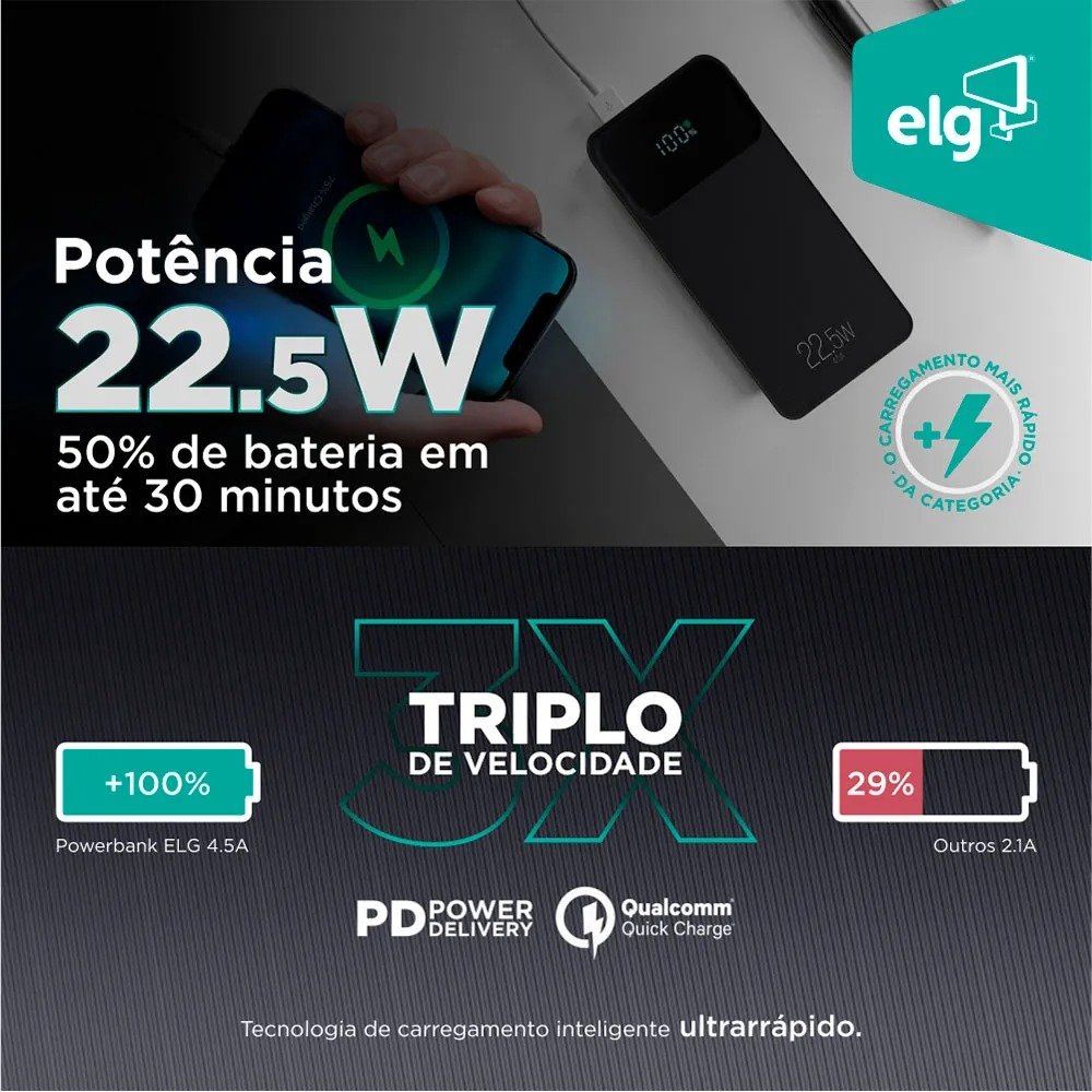 Power Bank ELG Pb200bk 20.000mah Display Digital Usb-c Preto