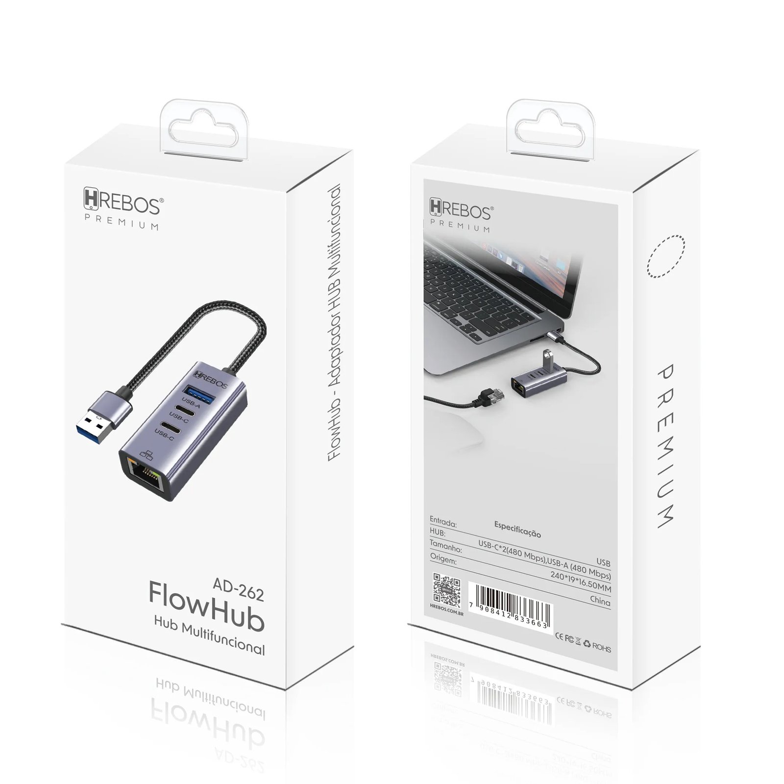 Hub Hrebos Ad-262 Flowhub Usb 2 Portas Ethernet Cinza Metálico Com Cabo Preto