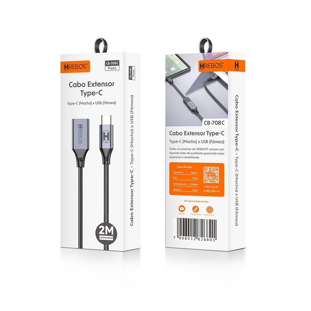 Cabo Extensor Usb-c/usb-a 2m Hrebos Cb-708c Preto
